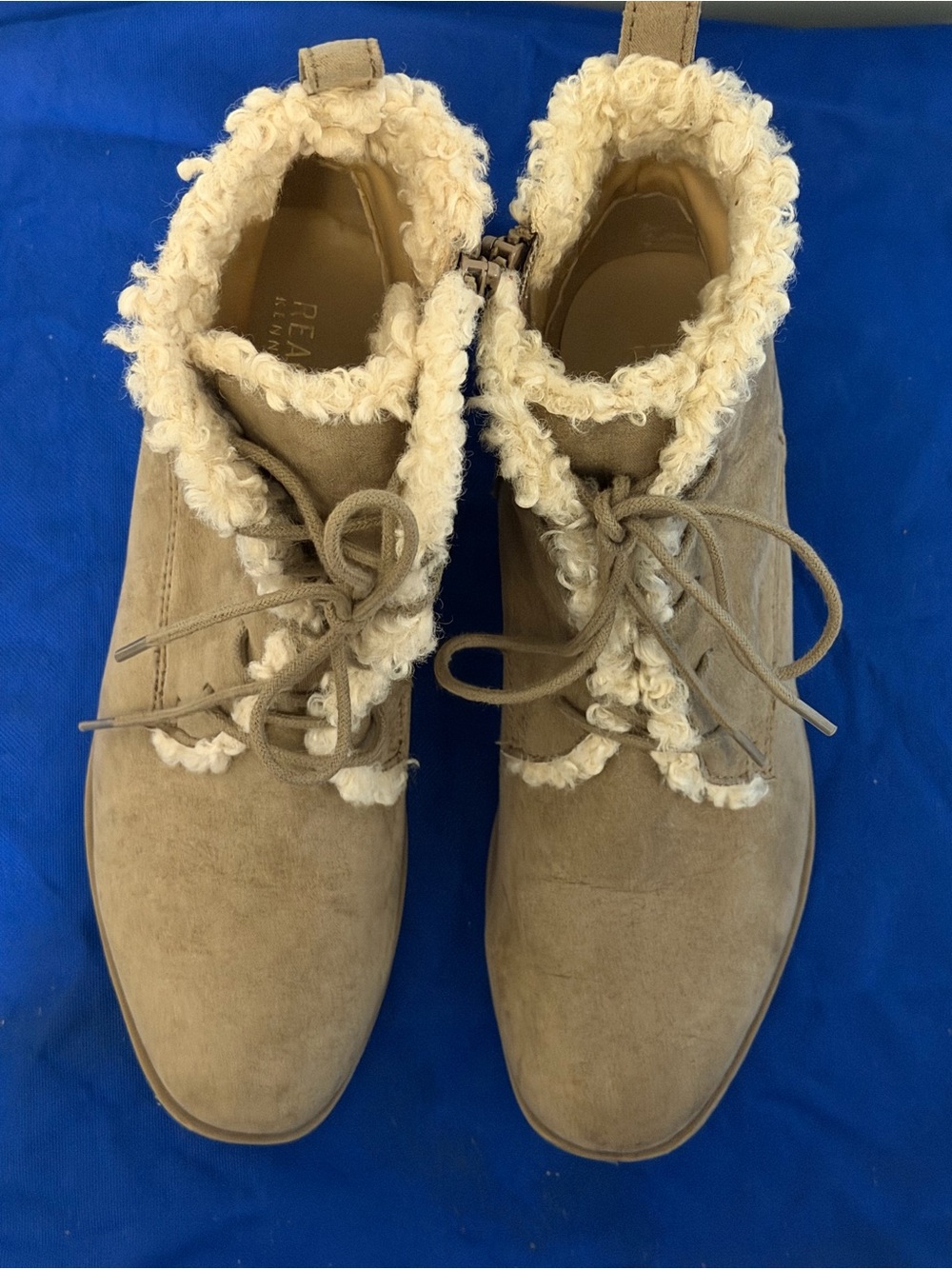Kenneth Cole Reaction Taupe Lace-Up Ankle Boots with vegan Cream Shearling fur.